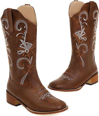 Generic Womens Round Toe PU Leather Western Cowboy Boot Pull on Long Boots with Embroidery Stitched Chunky Heel Mid-Calf Boots,Brown,7.5 UK