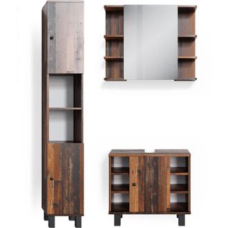 Vicco Conjunto De Muebles De Ba&ntilde;o Fynn, Roble R&uacute;stico, 3 Partes, Con Mueble Alto