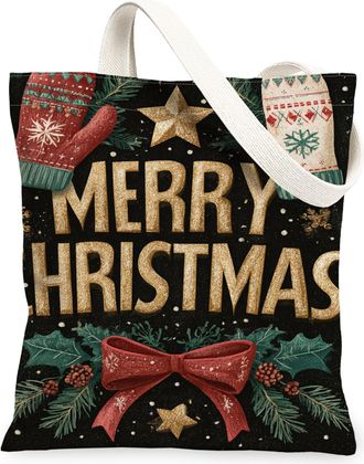 Generic Christmas Holly Canvas Tote Bags, Mittens Print Reusable Grocery Bags, Winter Rustic Linen Lightweight Washable Shoulder St, Black, 13x15 Inch