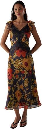 Warehouse Lace Insert Frill Sleeve Midi Dress in Floral at Nordstrom, Size 10