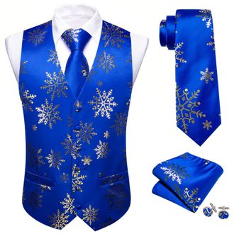 Barry.Wang Men Christmas Vest Blue Gold Xmas Snowflake Festival Funny Waistcoat Tie Set New Year Holiday