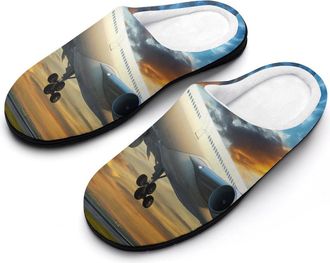 Generic Passenger Plane Airport Sunrise Mens House Slippers Memory Foam Washable Cotton Slip on Home Shoes