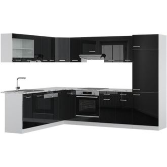 Vicco Cocina Esquinera R-line, Negro Brillo Intenso, 227 X 287 Cm, Et M&aacute;rmol