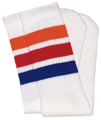 Skatersocks Skater Socks 19 Mid Calf Tube Socks, White/Orange-red-royal Blue Stripes Style 1, 18 Years