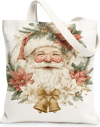 Generic Vintage Floral Santa Canvas Tote Bags, Lightweight Washable Grocery Bags for Holiday Shopping, Eco-Friendly Shoulder Strap Canvas 13x15 Inch