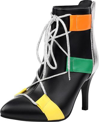 Generic o Women Glittery Sandals Foreign Trade European and American Color Matching Pointed Boots Pointed High Heeled Womens Short Boots (Black, 8.5)