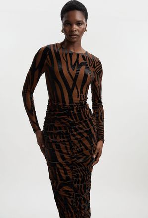 Karen Millen Womens Animal Stretch Velvet Devore Midi Dress - Rust - Size X-Small