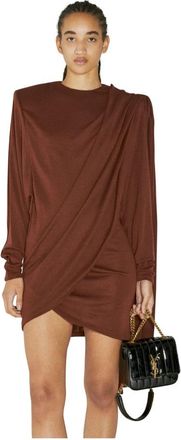 Saint Laurent Gedrapeerde Wol Jurk - Dames - Korte kleedjes - Bruin - XS - Wol - Kleedjes