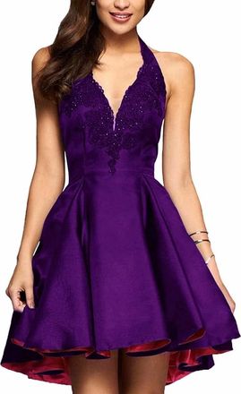 Generic Lace Appliques Halter Satin Short Homecoming Dress for Teens High Low Prom Dress with Pockets for Cocktail Party Gown Purple 6