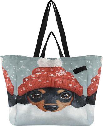 Generic Dachshund Winter Red Hat pattern Reusable Canvas Tote Bag, Heavy Duty Grocery Shopping Bag with Hard Bottom Large Capacity Double Handles Work Groceri