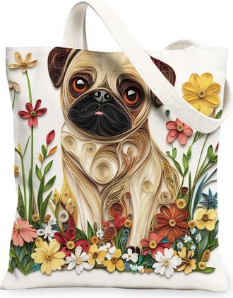 Generic Paper Quilling Pug Dog Canvas Tote Bag for Shopping 13x15, Fun Wildflower Puppy Reusable Grocery Print Pattern Bag for Women, Pet Beach Aesthetic Pain