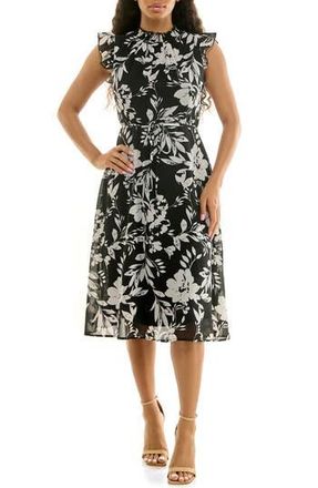 Nina Leonard Smock Chiffon Midi Dress in Black/white Combo at Nordstrom Rack, Size X-Large