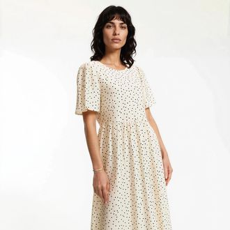 La Redoute Collections Lange jurk met stippen, ronde hals en korte mouwen