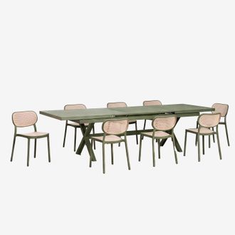 Sklum Set De Mesa Rectangular 240-300x100 Cm Extensible En Aluminio Karena Y 8 Sillas De Comedor Apilables En Polipropileno Omara Sklum
