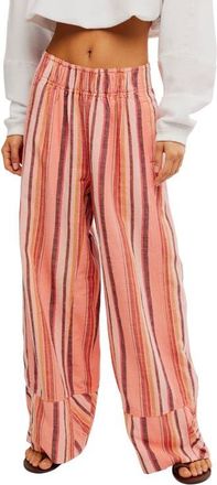 Free People Days End Stripe Wide Leg Linen Pants in Soft Coral Combo at Nordstrom, Size X-Small