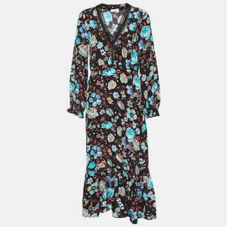 Sandro Black Floral Printed Silk Midi Dress