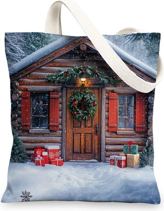 Generic Winter Farmhouse Christmas Canvas Tote Bag for Shopping 13x15, Country Snow Scenic Cabin Xmas Reusable Grocery Print Bag for Women Men, Farm Holiday A