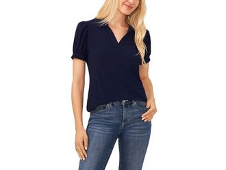CeCe by Cynthia Steffe Short Sleeve Split-Neck Collared Top Womens Clothing Navy J : SM, Polyester/Spandex