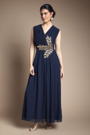 Wallis Womens Beaded Embellished Wrap Top Georgette Maxi Dress - Navy - Size 22 UK