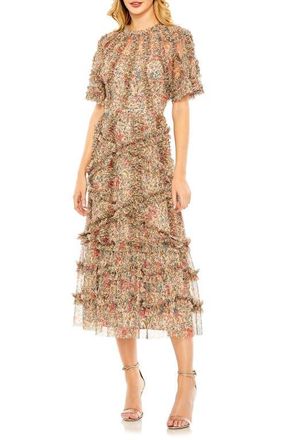 Mac Duggal Floral Flutter Sleeve Mesh Print Dress in Beige Multi at Nordstrom, Size 16