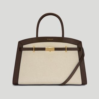 DeMellier The Midi Hudson in Salt & Pepper Canvas Mocha Smooth Leather Crossbody bag