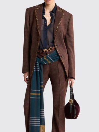Etro Short Houndstooth Wool Blazer with Feather Applications