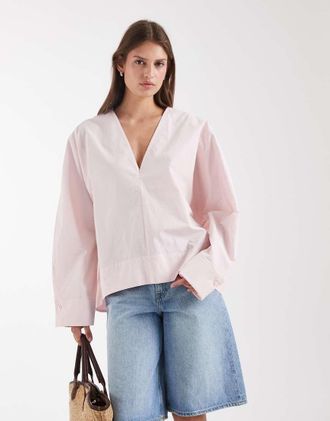 & Other Stories Blusa a palloncino in popeline di puro cotone rosa con scollo a V