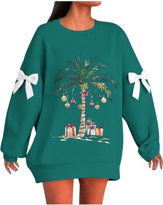 Generic Christmas Jumpers Women Oversized Funny Christmas Tree Printed Jumper Plus Size Novelty Xmas Sweatshirts Graphic Shirts Thicken Autumn Winter Casaul L