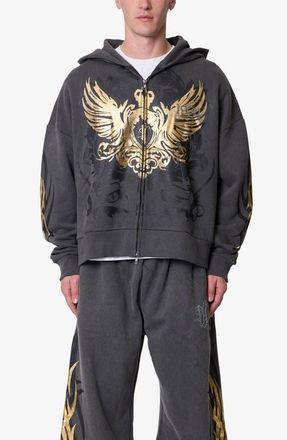 mnml Oversize Gold Foil Cotton Zip Hoodie in Washed Black at Nordstrom, Size X-Large