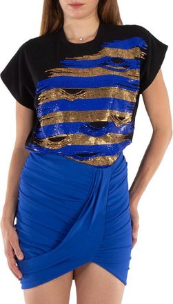 Balmain Ladies Striped Embroidered Cropped T-Shirt, Size Small