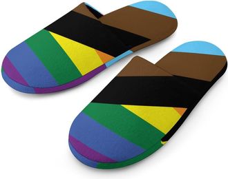 Generic LGBT Rainbow Transgender Flag Mens Slippers Flannel Warm House Shoes with Rubber Anti-Slip Sole Slip On for Home Outdoor