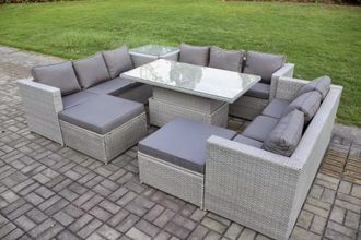 Fimous 11 Seater Outdoor PE Rattan Garden Funiture Set Adjustable Rising Lifting Table Sofa Dining Set with Side Table in Light Grey