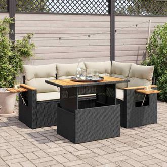vidaXL Set Sof&aacute;s Jard&iacute;n Y Cojines 5 Pzas Rat&aacute;n Sint&eacute;tico Acacia Negro Vidaxl