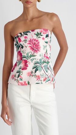 French Connection Christa Print Strapless Peplum Satin Top in Pink Icing at Nordstrom, Size 10