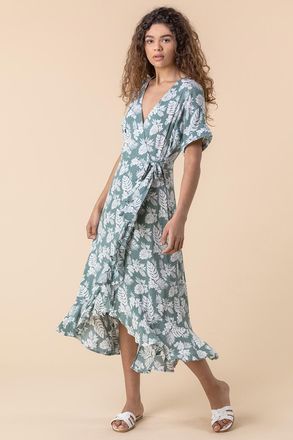 Roman Leaf Print Wrap Midi Dress