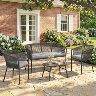 OUTSUNNY 4 Piece Garden Furniture Set, Rope Woven Outdoor Sofa, Dark Grey