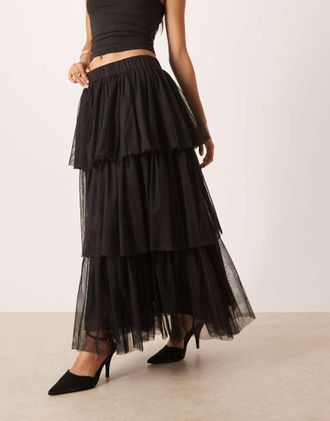 Vero Moda Gonna midi in tulle a balze nera-Nero