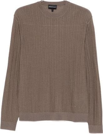 Emporio Armani Trui van scheerwol met jacquardreli&euml;f - Heren - Ronde hals truien - Bruin - L - Wol - Truien & Vesten