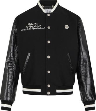 Philipp Plein Varsity Bomber Cocco Sleeves Las Vegas - Heren - Bomber jackets - Zwart - 2XL - Wol - Jassen