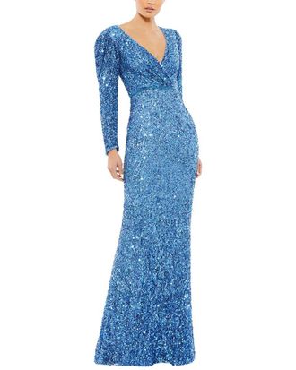 Mac Duggal Sequin V-Neck Puff Long Sleeve A-Line Gown