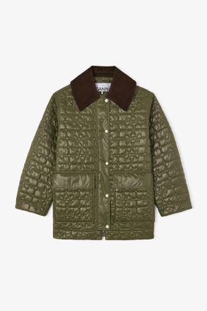 Ganni Shiny Quilt Midi Jacket - Size XXS/XS Green