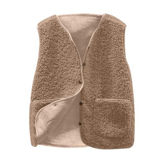 Generic Teddy Fleece Gilet for Women Sleeveless V-neck Button Down Vest Sherpa Fluffy Solid Lightweight Waistcoat Cozy Autumn Winter Jackets with Pockets Ladi