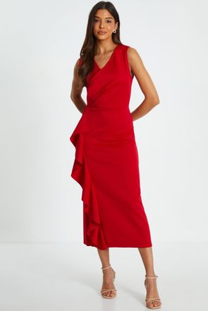 Quiz Womens Scuba Crepe Wrap Frill Midi Dress