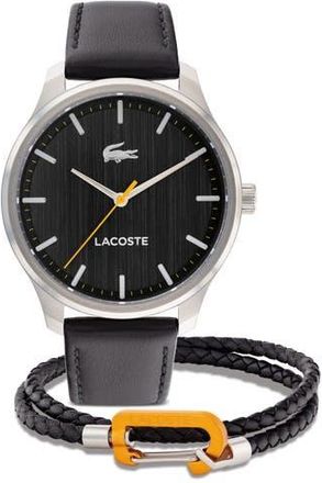 Lacoste Leather Strap Watch & Bracelet Gift Set, 42mm in Black at Nordstrom Rack