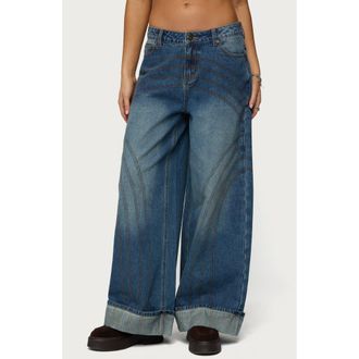 Edikted Cuffed Seamed Low Rise Baggy Jeans in Light-Blue-Washed at Nordstrom, Size X-Large