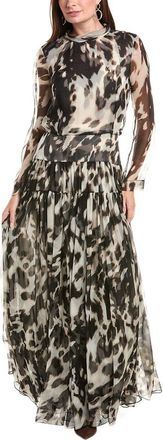 Oscar De La Renta Oscar De La Renta Tie-Neck Cow Print Silk Maxi Dress