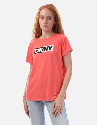DKNY Womens Two Tone Logo Crew Neck T-Shirt - Pink - Size: 10/8