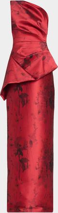 Teri Jon Satin Floral One-Shoulder Gown