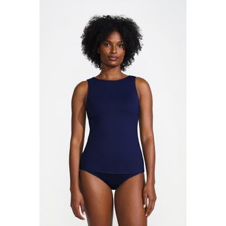 Lands End High Neck UPF 50 Modest Tankini Top Swimsuit in Deep Sea Navy at Nordstrom, Size 6