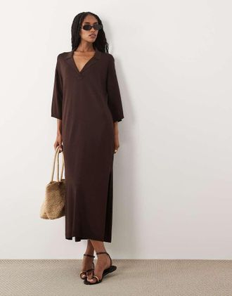Arket Vestito camicia stile polo in maglia traforata marrone
